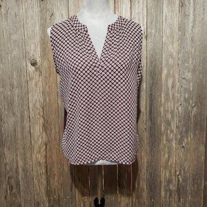 Loft Outlet S Top Blouse Burgundy Geo Split Neck Sleeveless Shell Mixed Media